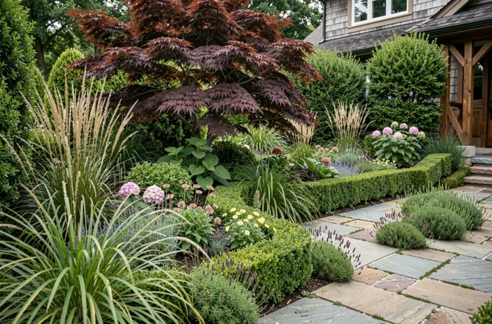 Jardin de façade élégant avec érables japonais, graminées ornementales et allée en pierres naturelles pour un aménagement paysager raffiné