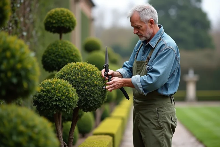 Jardinier professionnel taillant un laurier boule en nuage dans un jardin à la française, avec des haies en arrière-plan
