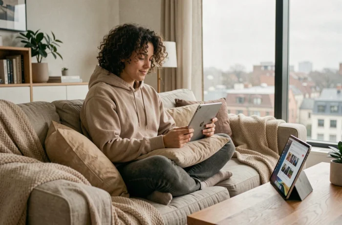 Jeune adulte explorant différents navigateurs Internet sur une tablette confortablement installé dans son salon