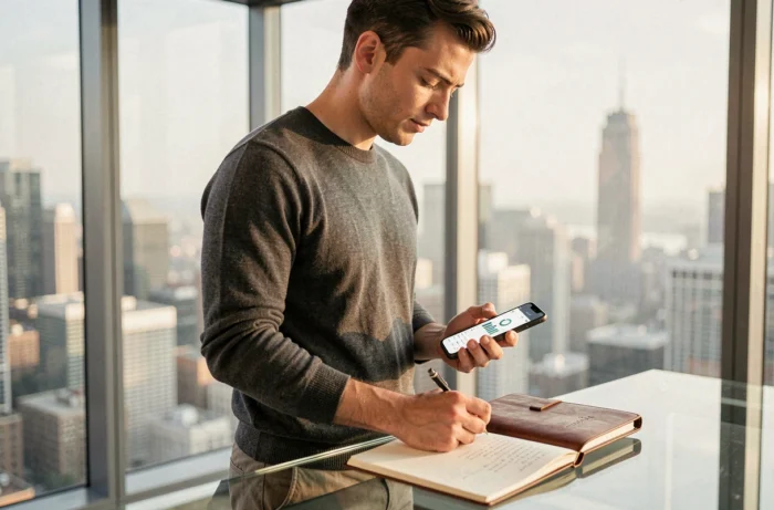 Jeune entrepreneur consultant des données business sur smartphone avec vue panoramique sur la ville
