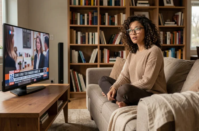 Jeune femme attentive regardant les informations télévisées dans son salon contemporain