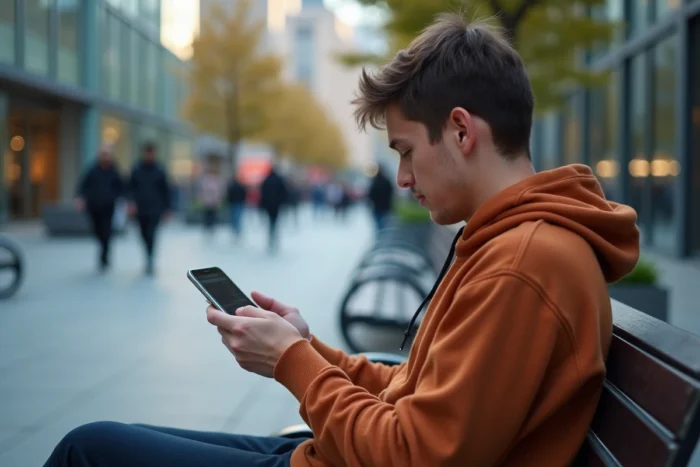 Jeune personne consultant le plan du site d'un portail d'emploi sur smartphone en extérieur en ville