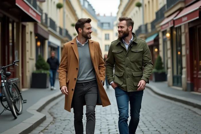Deux hommes marchant côte à côte dans une rue pavée parisienne, capturant la complicité et la vie de couple de Jules Torres et son compagnon