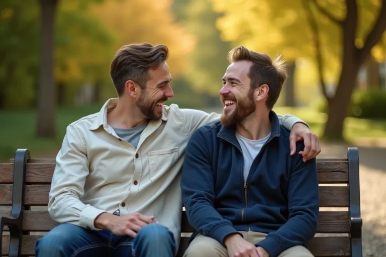 Deux hommes souriants assis ensemble sur un banc en bois dans un parc, illustrant la complicité du couple de Jules Torres