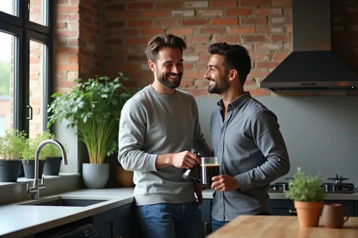 Deux hommes en tenue décontractée dans une cuisine moderne partagent un moment de vie quotidienne intime, illustrant la vie de couple de Jules Torres