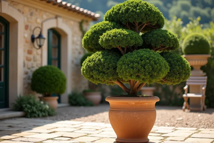 Laurier boule taillé en nuage dans un pot en terre cuite sur une terrasse en pierre de style provençal