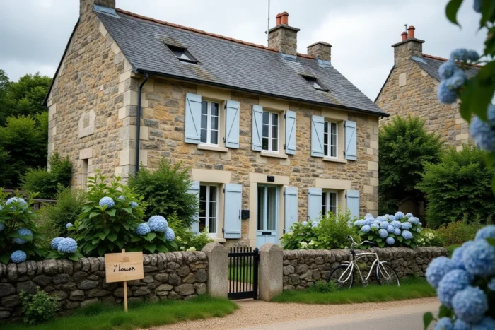 Maison bretonne en pierre à louer avec jardin fleuri dans un quartier résidentiel d'Auray, Morbihan