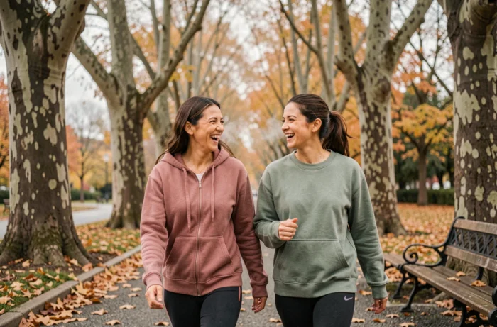 Deux femmes marchant et riant dans un parc urbain en automne, illustrant les bienfaits de la marche et du lien social pour le bien-être