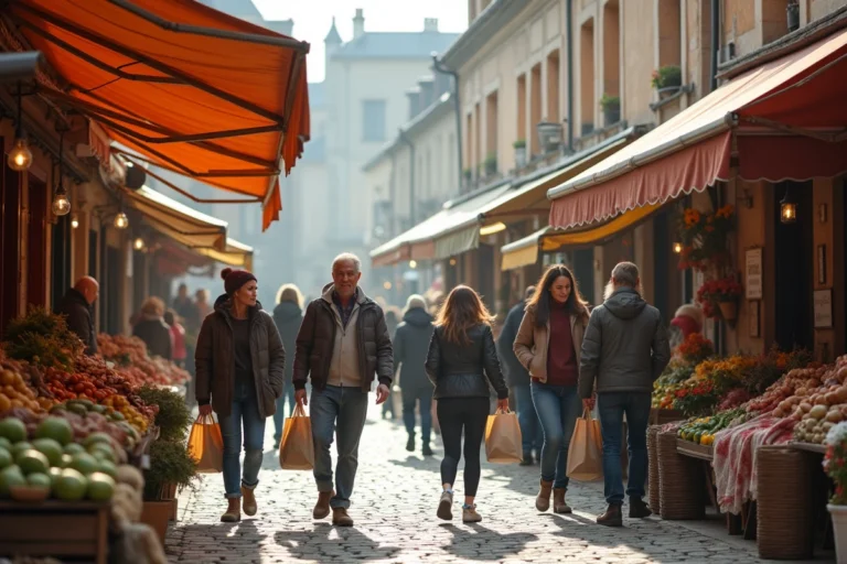 Marché animé place des Lices à Rennes avec étals de producteurs locaux et façades à colombages médiévales