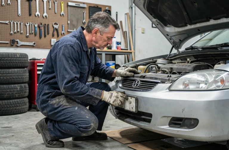 Mécanicien amateur inspectant le moteur d'une voiture dans un garage domestique