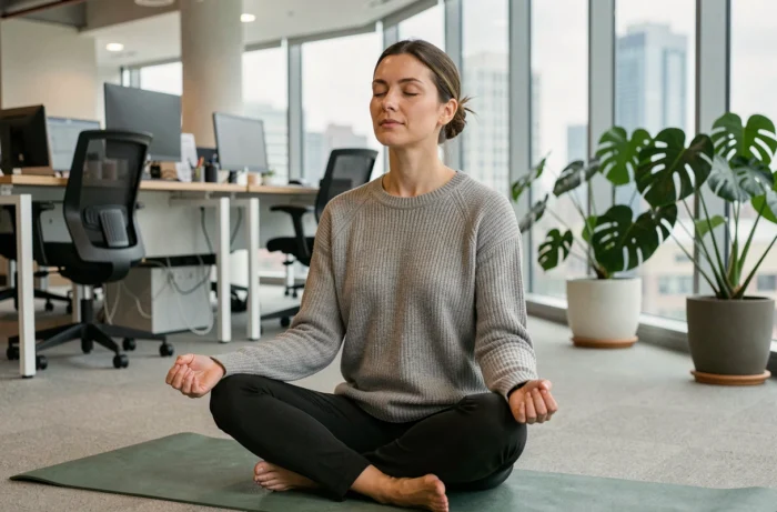 Femme professionnelle pratiquant la méditation sur un tapis de yoga dans un espace de détente de bureau moderne