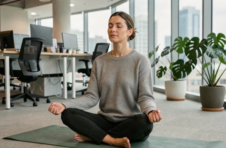 Femme professionnelle pratiquant la méditation sur un tapis de yoga dans un espace de détente de bureau moderne