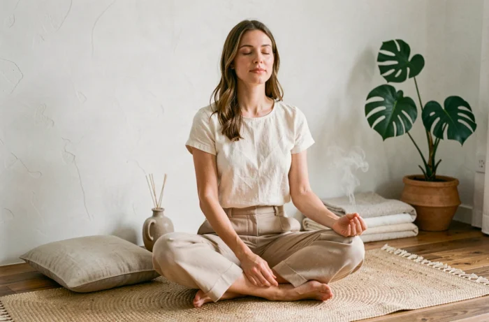 Femme en tenue décontractée pratiquant la méditation sur un tapis de yoga en jute dans un espace bien-être minimaliste à la maison