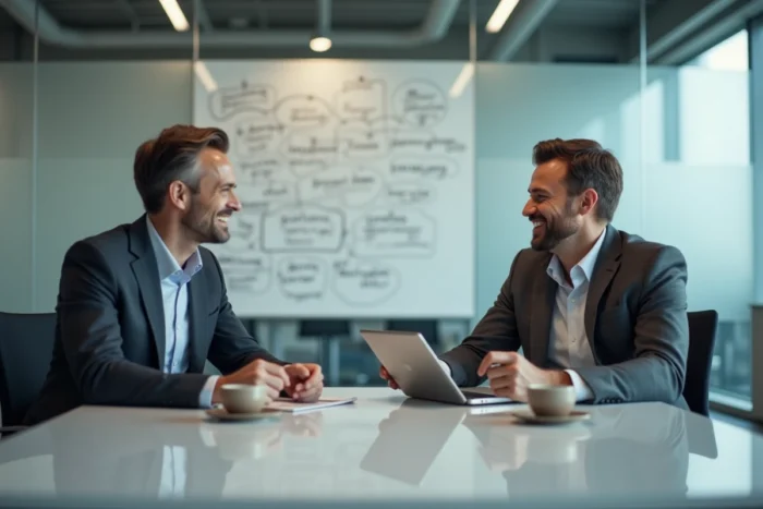 Deux entrepreneurs en session de mentorat dans une salle de réunion moderne, symbolisant les services d'accompagnement innovants pour la réussite professionnelle