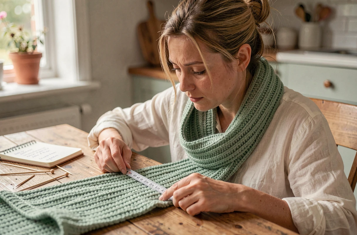Femme mesurant une écharpe tricotée main en laine verte avec un mètre ruban sur une table en bois, guide des dimensions d'écharpe femme