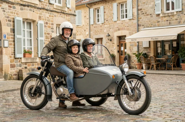 Moto équipée d'un side-car avec conducteur et passager dans un village français, illustrant les règles de transport de passagers avec side-car