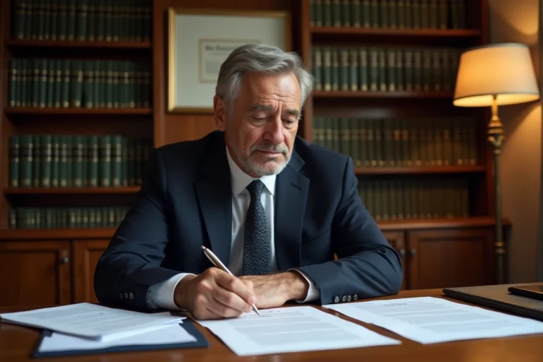 Notaire en costume marine examinant un contrat de vente immobilière dans son bureau