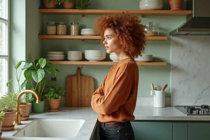 Femme inspectant un robinet en laiton dans une cuisine rénovée avec étagères ouvertes en bois, vaisselle en céramique et mur vert sauge