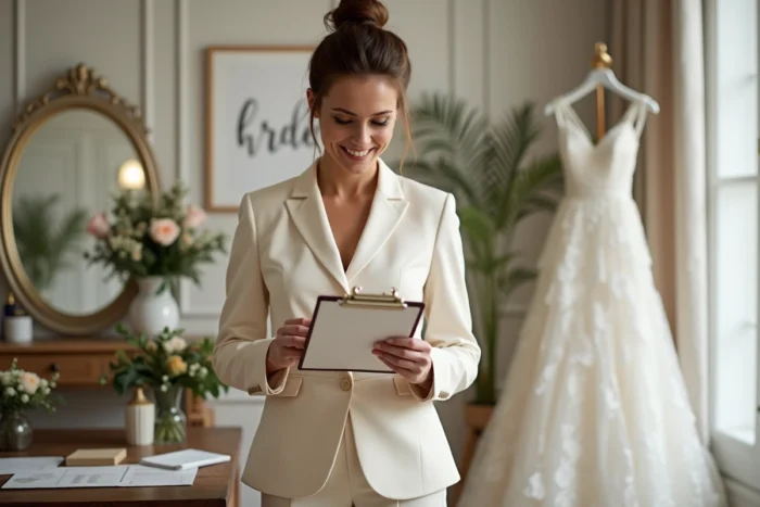 Organisatrice de mariage professionnelle vérifiant sa liste de préparatifs dans une suite nuptiale élégamment décorée