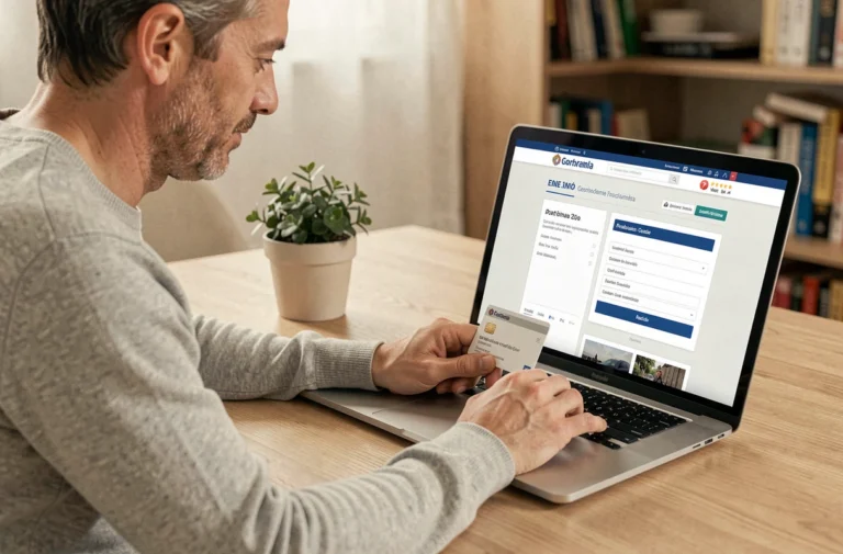 Homme payant une amende DGT espagnole en ligne depuis son bureau à domicile avec carte bancaire et ordinateur portable