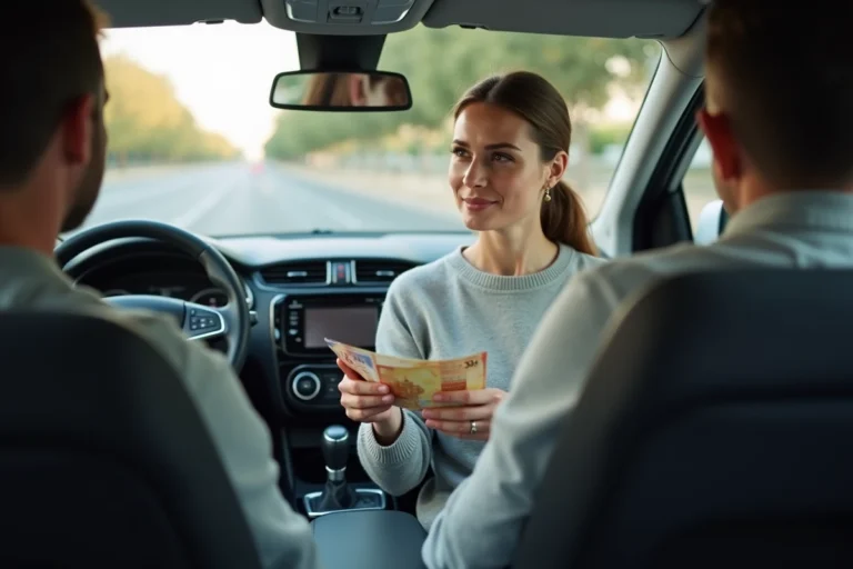 Femme comptant des billets en euros dans une voiture lors d'un covoiturage BlaBlaCar, paiement en espèces entre passagers