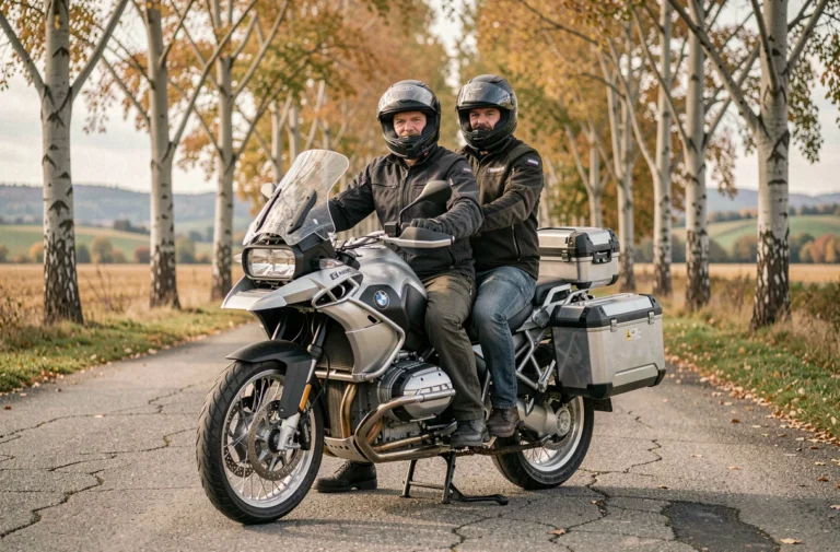 Deux passagers en moto sur une route de campagne française, illustrant la réglementation sur le nombre de passagers autorisés à moto