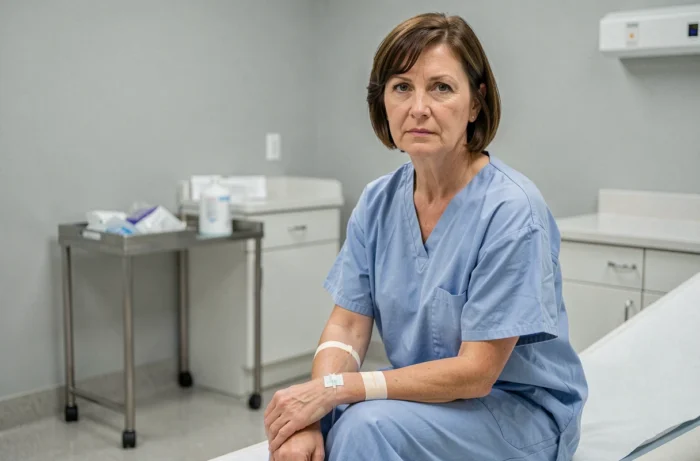 Patiente assise en blouse hospitalière avant une IRM avec gadolinium, cathéter intraveineux visible sur l'avant-bras