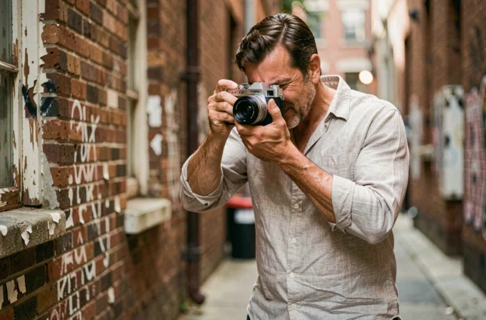 Photographe tenant un Fujifilm X-E1 dans une ruelle urbaine, portrait en situation réelle