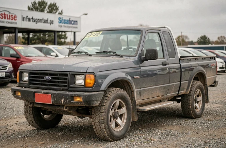 Pick-up 4x4 d'occasion en vente sur un parking de concessionnaire avec étiquette de prix sur le pare-brise