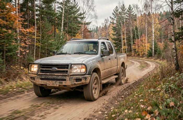 Pick-up 4x4 d'occasion couvert de boue roulant sur un chemin de terre en forêt, démontrant ses capacités tout-terrain