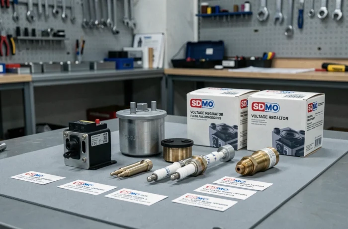 Pièces détachées SDMO originales disposées sur un établi d'atelier avec emballages d'origine