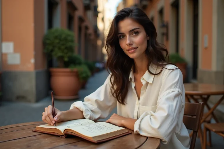 Jeune femme italienne dans un café romain écrivant des prénoms italiens dans un carnet vintage
