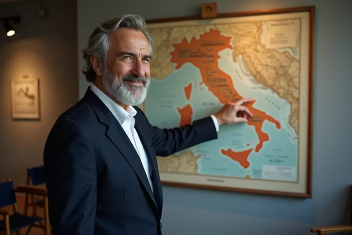 Homme italien dans un studio de cinéma présentant une liste de prénoms italiens inspirés de films cultes
