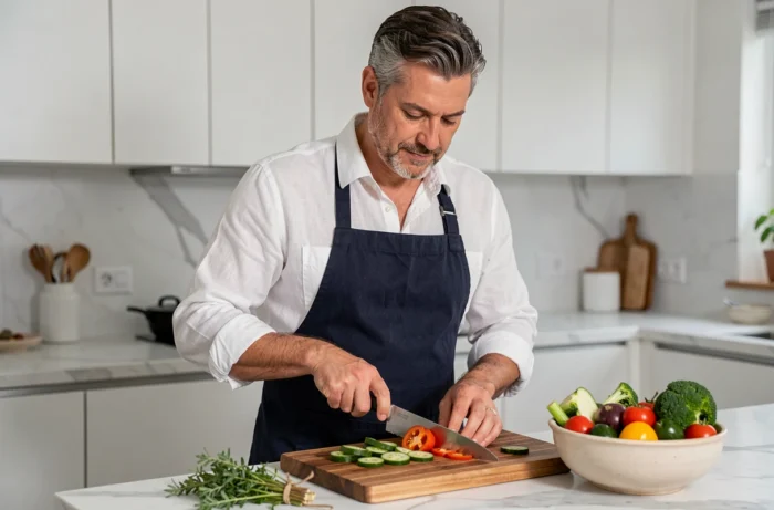 Homme préparant un repas sain à base de légumes frais dans une cuisine moderne pour une alimentation équilibrée