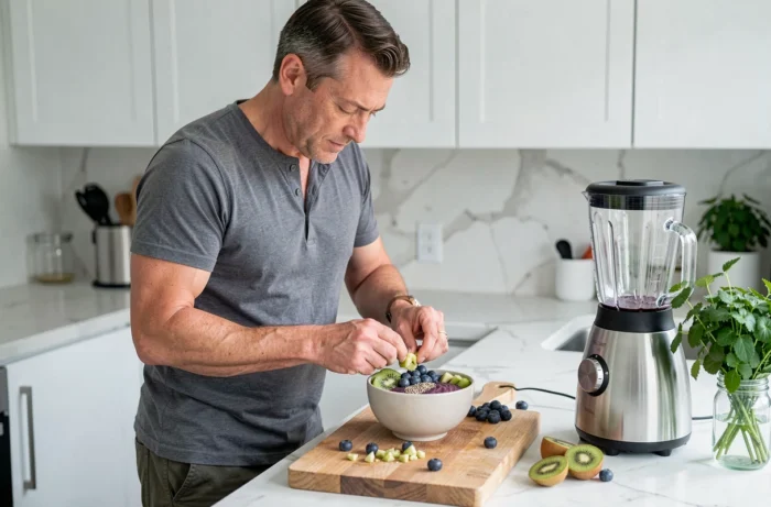 Homme préparant un bol de smoothie nutritif avec des fruits frais dans une cuisine moderne pour un mode de vie sain