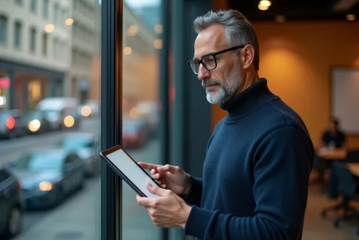 Chef d'entreprise consultant un mockup de site web sur tablette pour améliorer sa présence numérique dans un espace de coworking