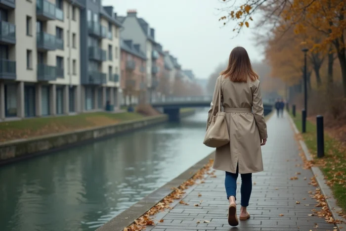 Jeune femme se promenant le long des quais de la Vilaine à Rennes en automne