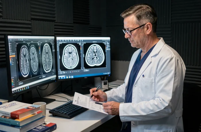 Radiologue analysant des images IRM avec produit de contraste au gadolinium sur écran de lecture médicale