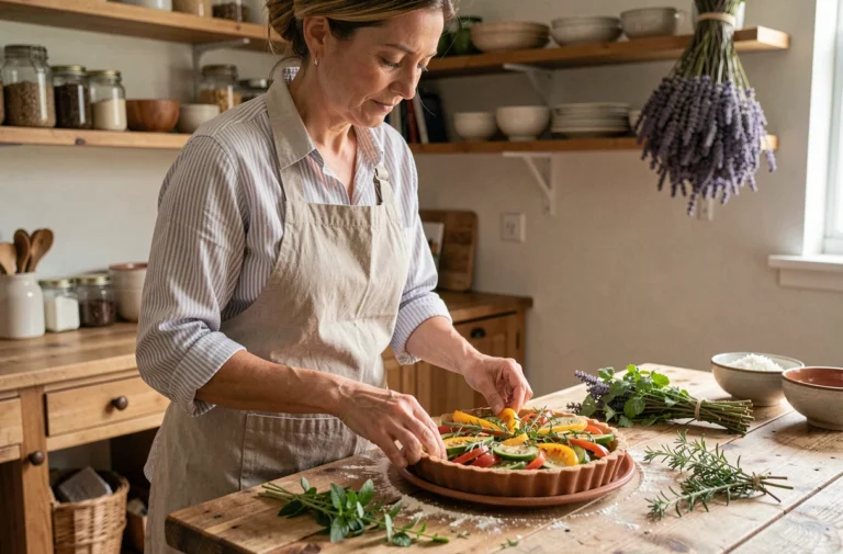 Femme préparant une tarte aux légumes colorée dans une cuisine familiale chaleureuse avec des herbes fraîches sur une table en bois rustique