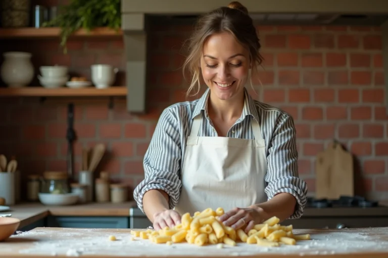 Femme préparant des pâtes fraîches maison sur un plan de travail en bois fariné dans une cuisine rustique chaleureuse