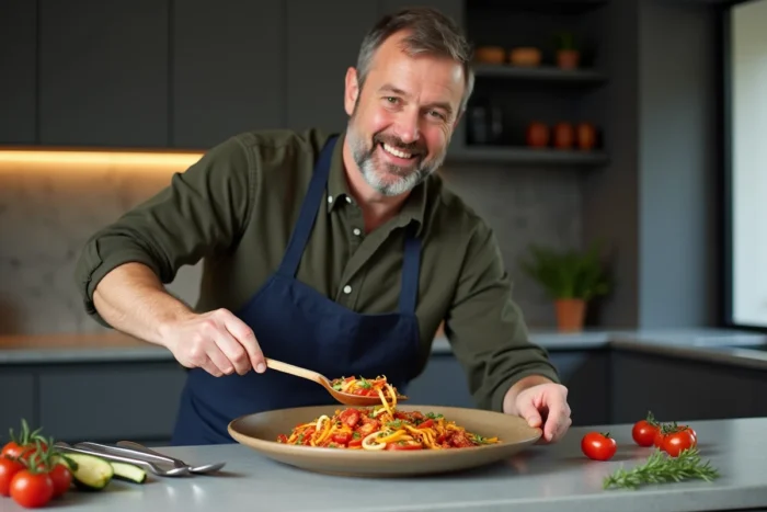 Homme en tablier dressant une ratatouille maison colorée dans un plat en céramique sur un plan de travail en béton moderne