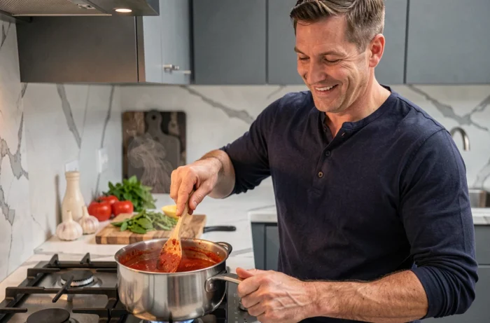 Homme souriant préparant une sauce tomate maison dans une cuisine moderne avec des ingrédients frais sur le plan de travail en marbre