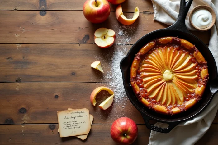 Tarte tatin maison dans une poêle en fonte posée sur une table en bois avec des épluchures de pommes et une recette manuscrite
