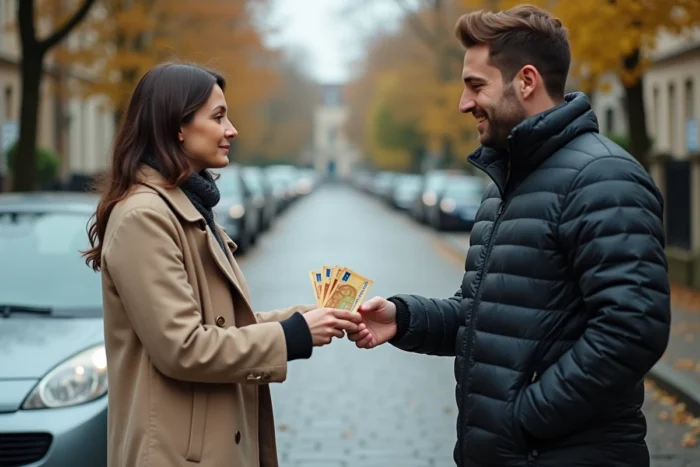 Passagère remettant des billets en espèces au conducteur devant une voiture garée dans une rue française après un trajet BlaBlaCar