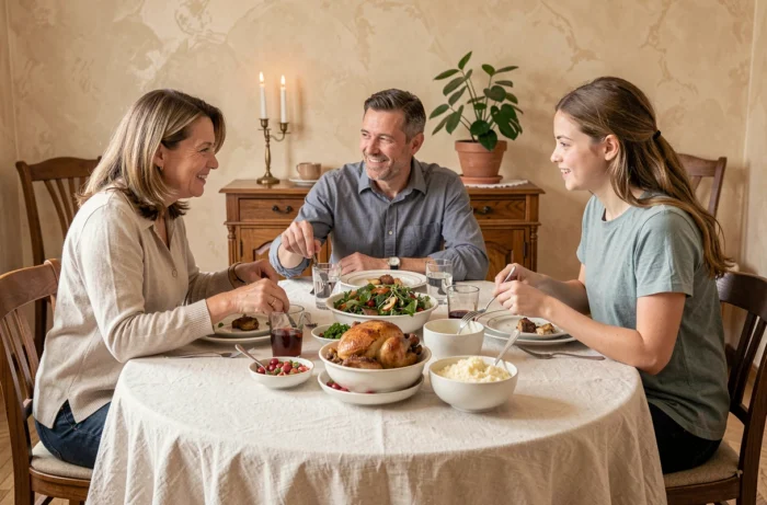Famille réunie autour d'une table de repas conviviale avec un poulet rôti et des plats faits maison dans une salle à manger chaleureuse