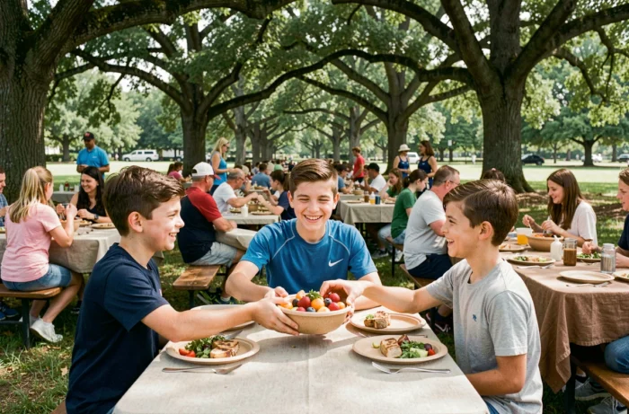 Jeunes garçons partageant un repas solidaire en plein air lors d'un événement communautaire dans un parc