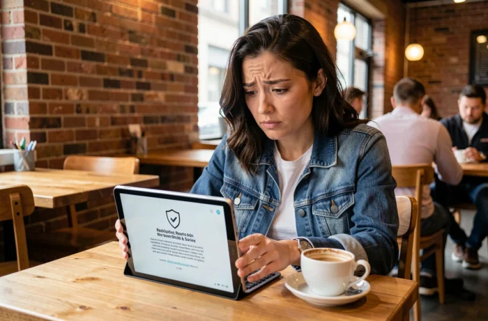 Jeune femme perplexe devant un message de restriction d'accès à un site web sur sa tablette dans un café
