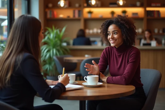 Deux femmes entrepreneures en réunion informelle dans un café contemporain, échangeant des idées business