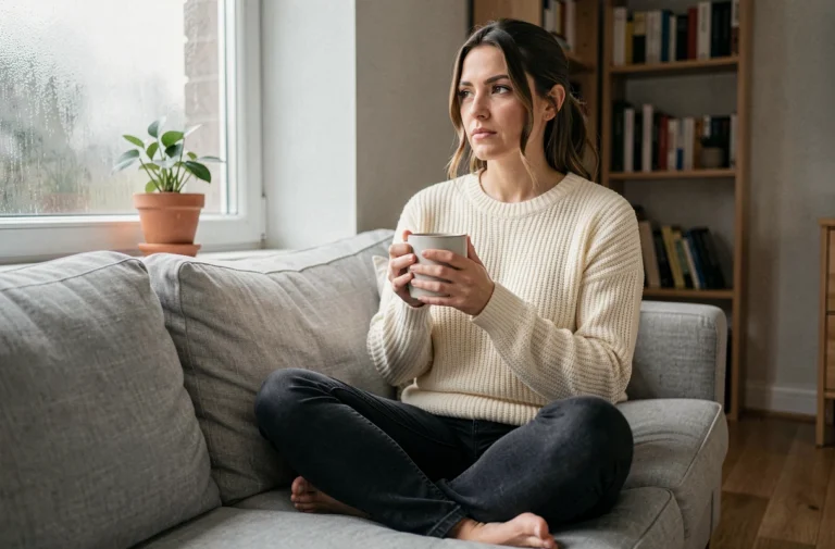 Femme sereine tenant une tasse de thé dans un salon minimaliste, illustrant la pleine conscience et le bien-être mental au quotidien