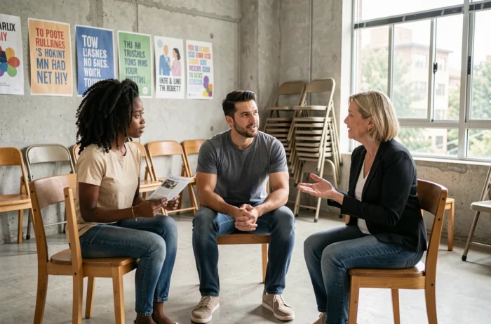 Groupe de soutien en santé mentale réunissant des adultes de profils divers dans un espace communautaire, représentant l'entraide et les ressources collectives